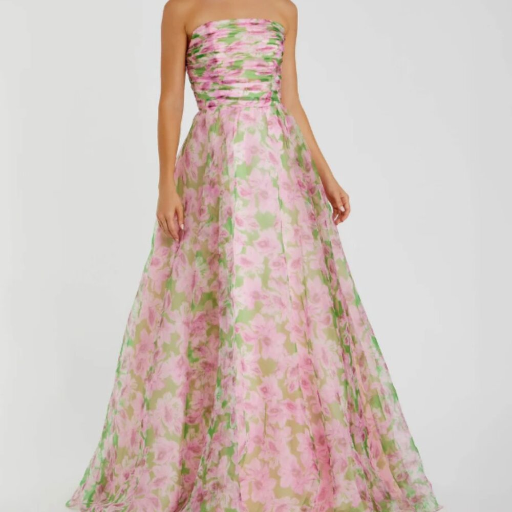 MacDuggal Pink Strapless Floral Chiffon Gown with Ruched Detail